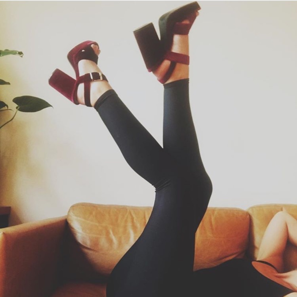 Maroon velvet chunky high heels